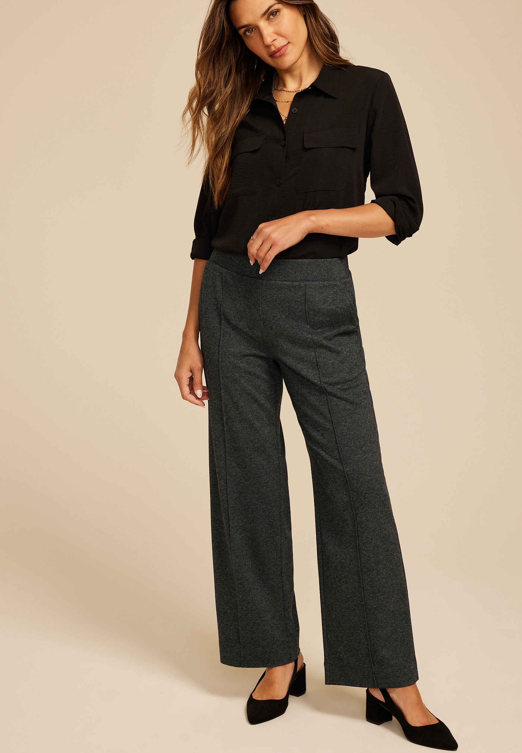 Herringbone Knit High Rise Wide Leg Pant, C1770, large