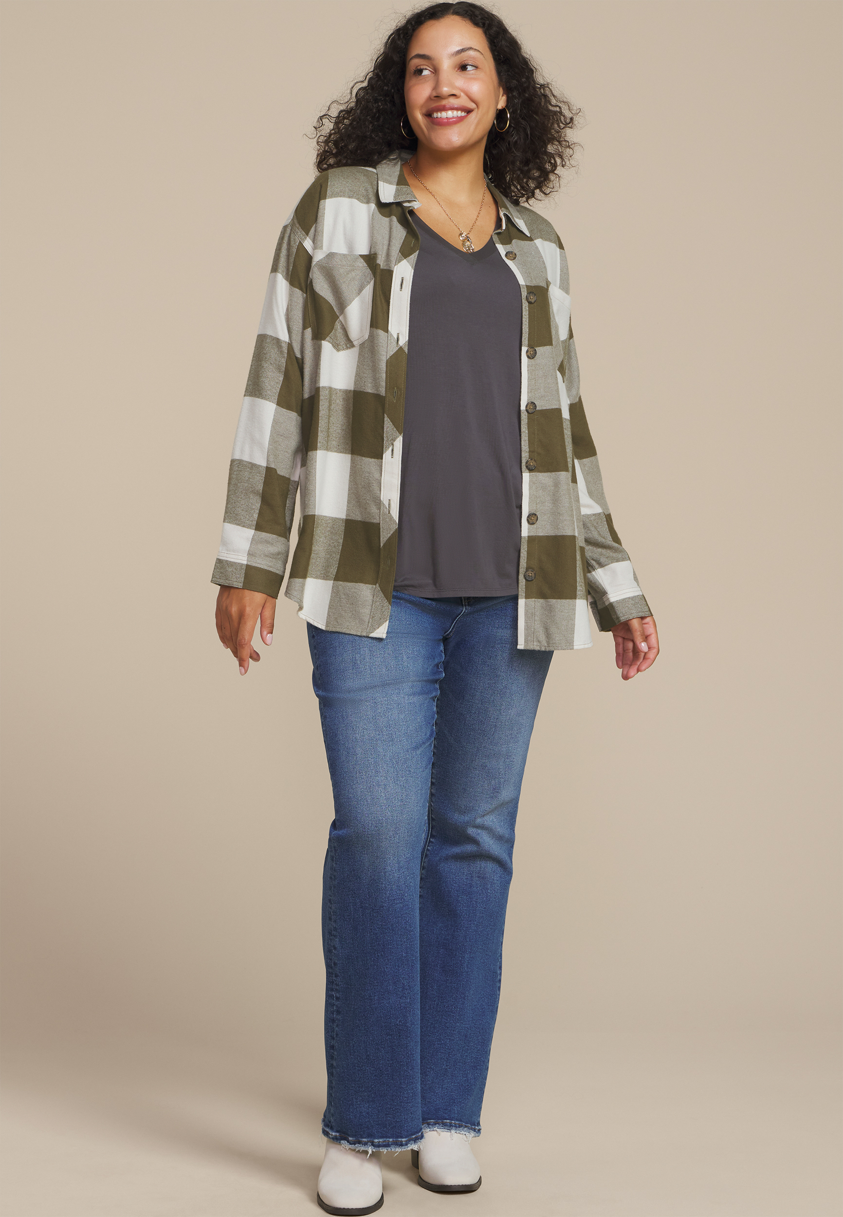Plus Size Plaid Button Down Boyfriend Shirt, C2286, large
