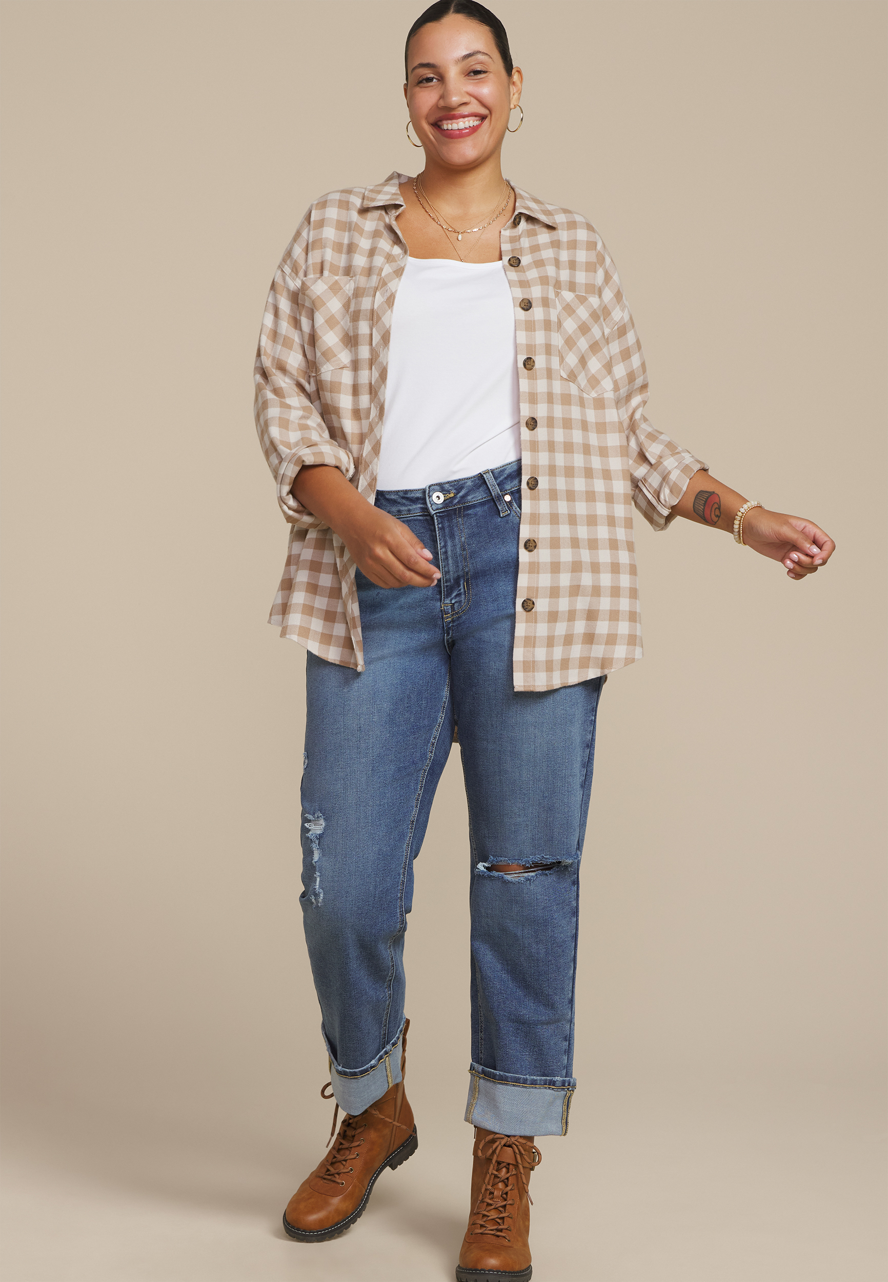 Plus Size Plaid Button Down Boyfriend Shirt, C5330, large