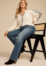 Plus Size Embroidered Trim V Neck Blouse, ANTIQUE WHITE, small