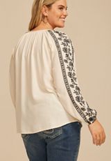 Plus Size Embroidered Trim V Neck Blouse, ANTIQUE WHITE, small