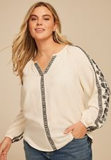 Plus Size Embroidered Trim V Neck Blouse, ANTIQUE WHITE, small