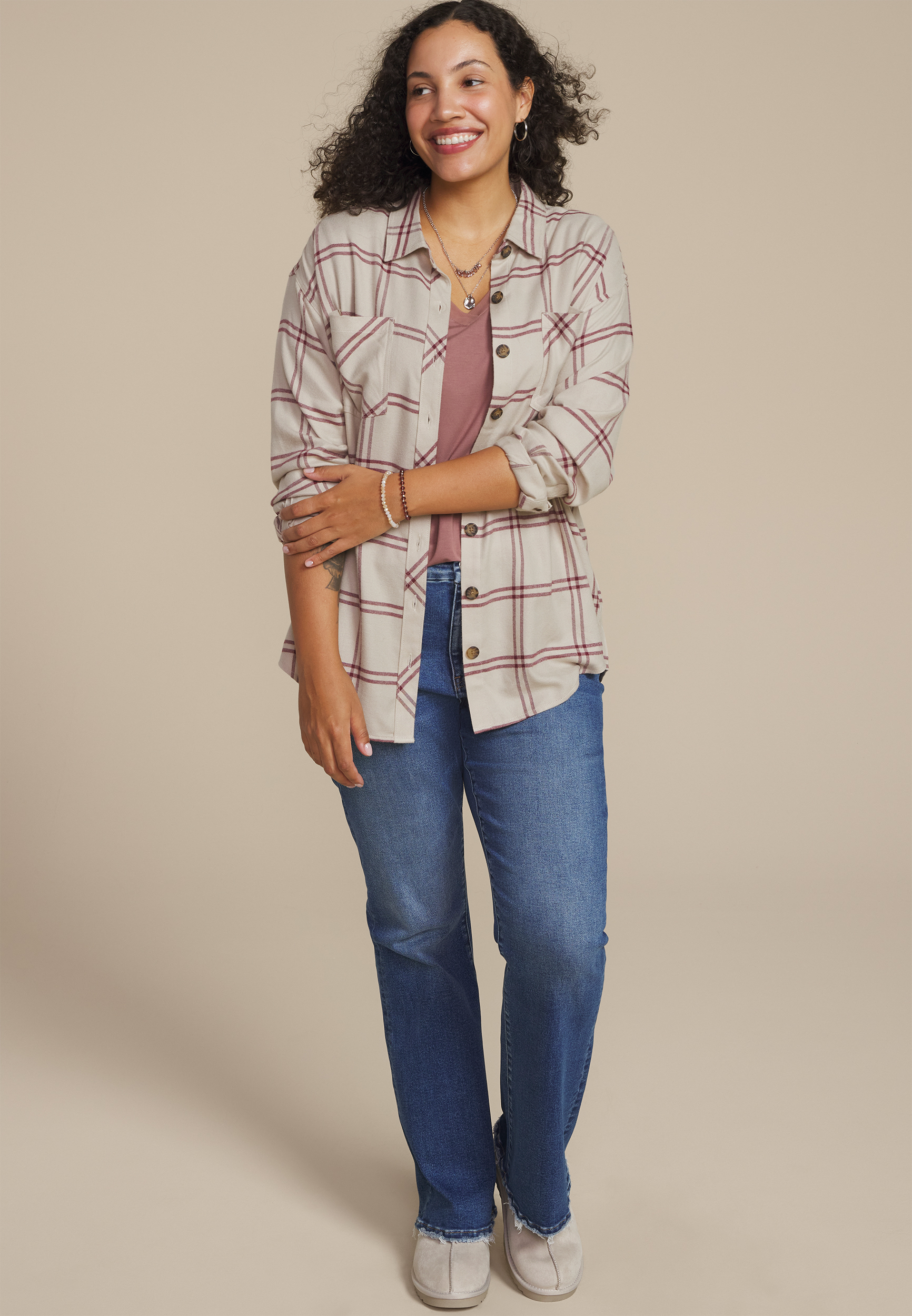 Plus Size Plaid Boyfriend Button Down Shirt, C5232, large