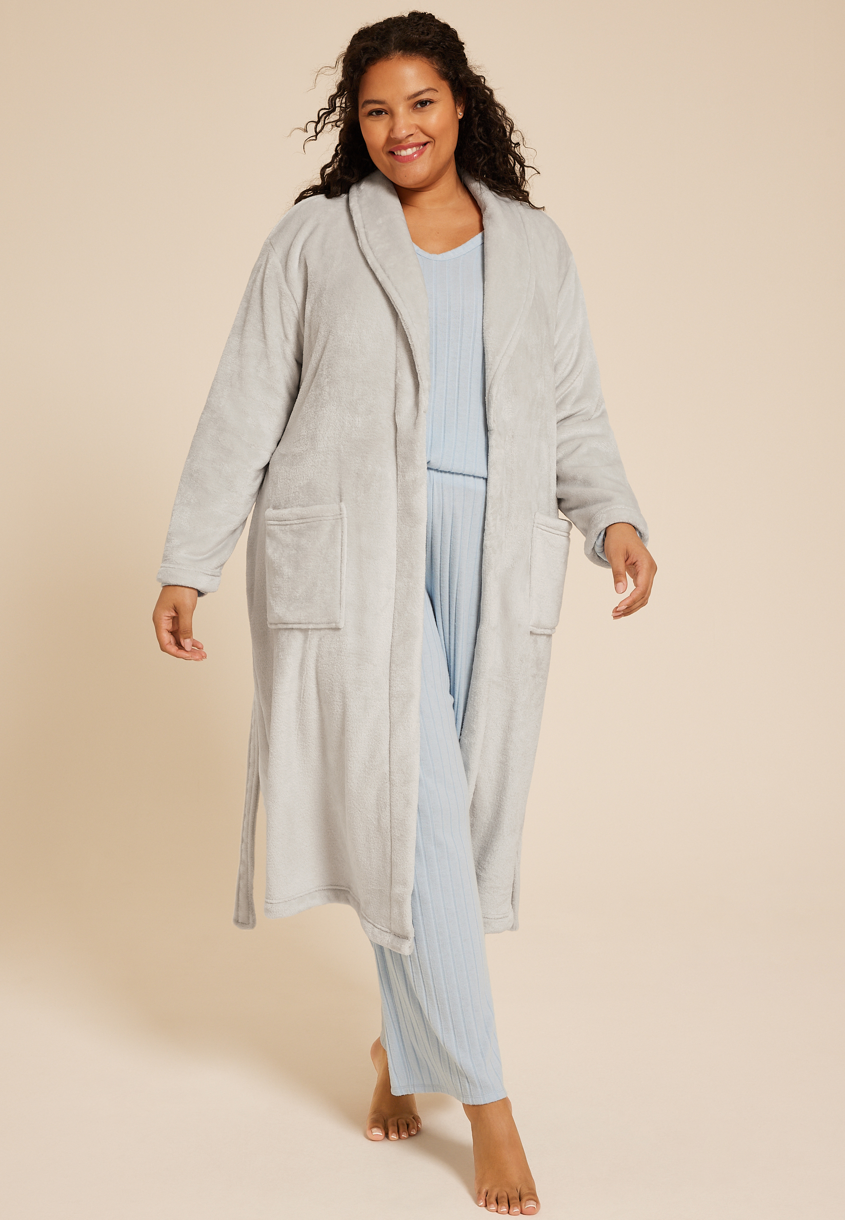 Plus Size Gray Plush Long Robe, C9770, large