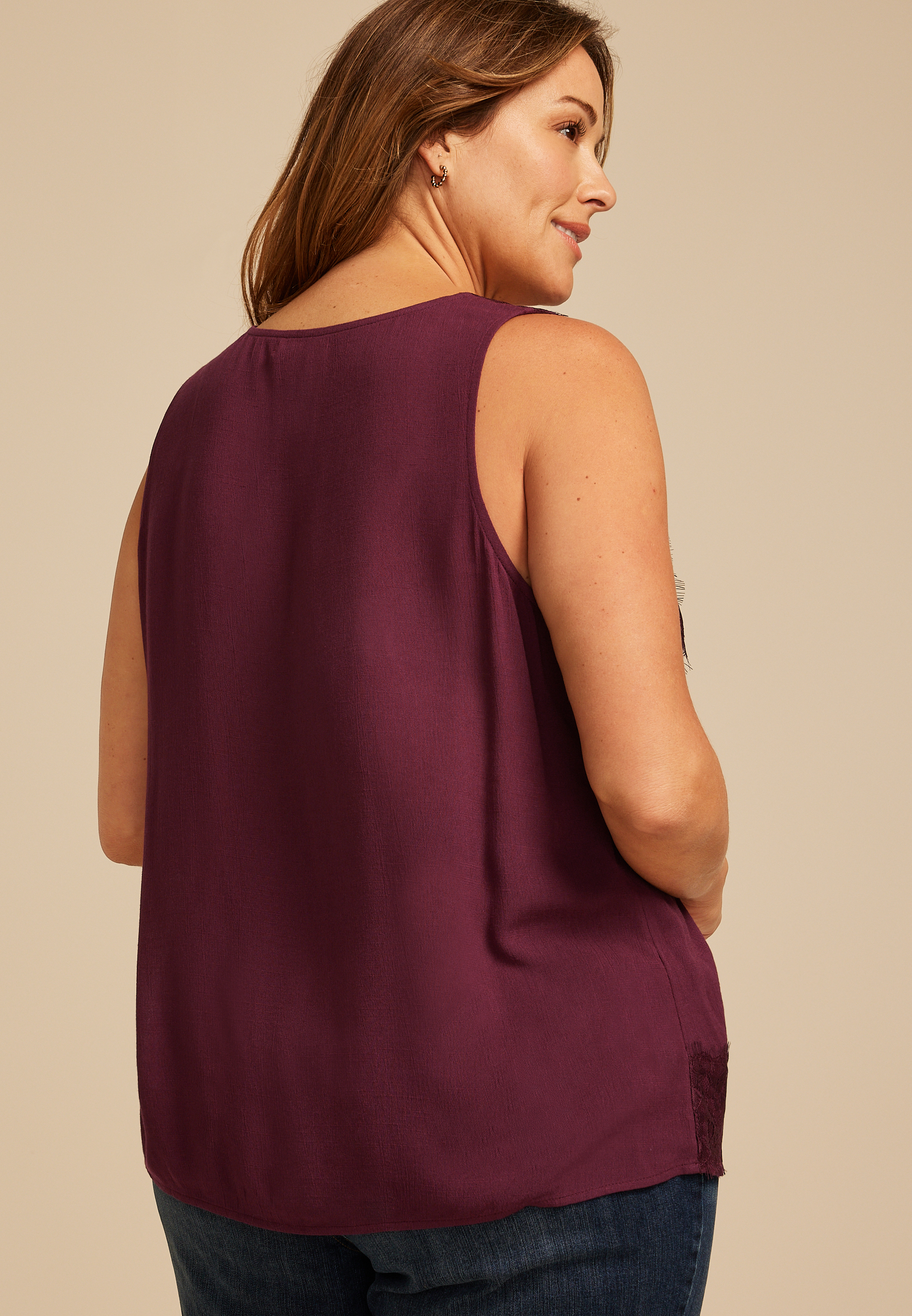 Plus Size Lace Trim V Neck Tank Top, C2424, large