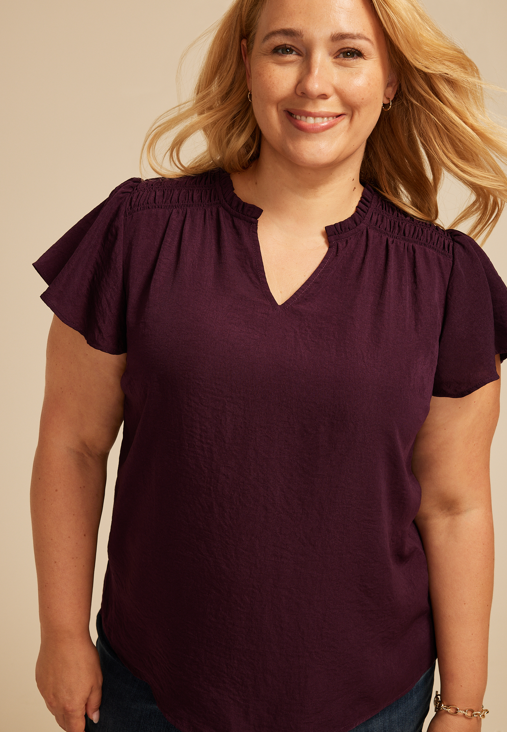 Plus Size Atwood Smocked Shoulder Flutter Sleeve Blouse