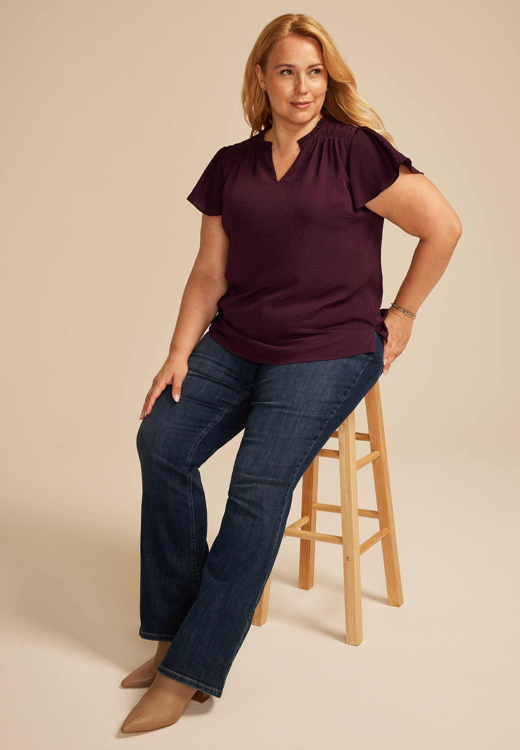 Plus Size Atwood Smocked Shoulder Flutter Sleeve Blouse, C9149, large