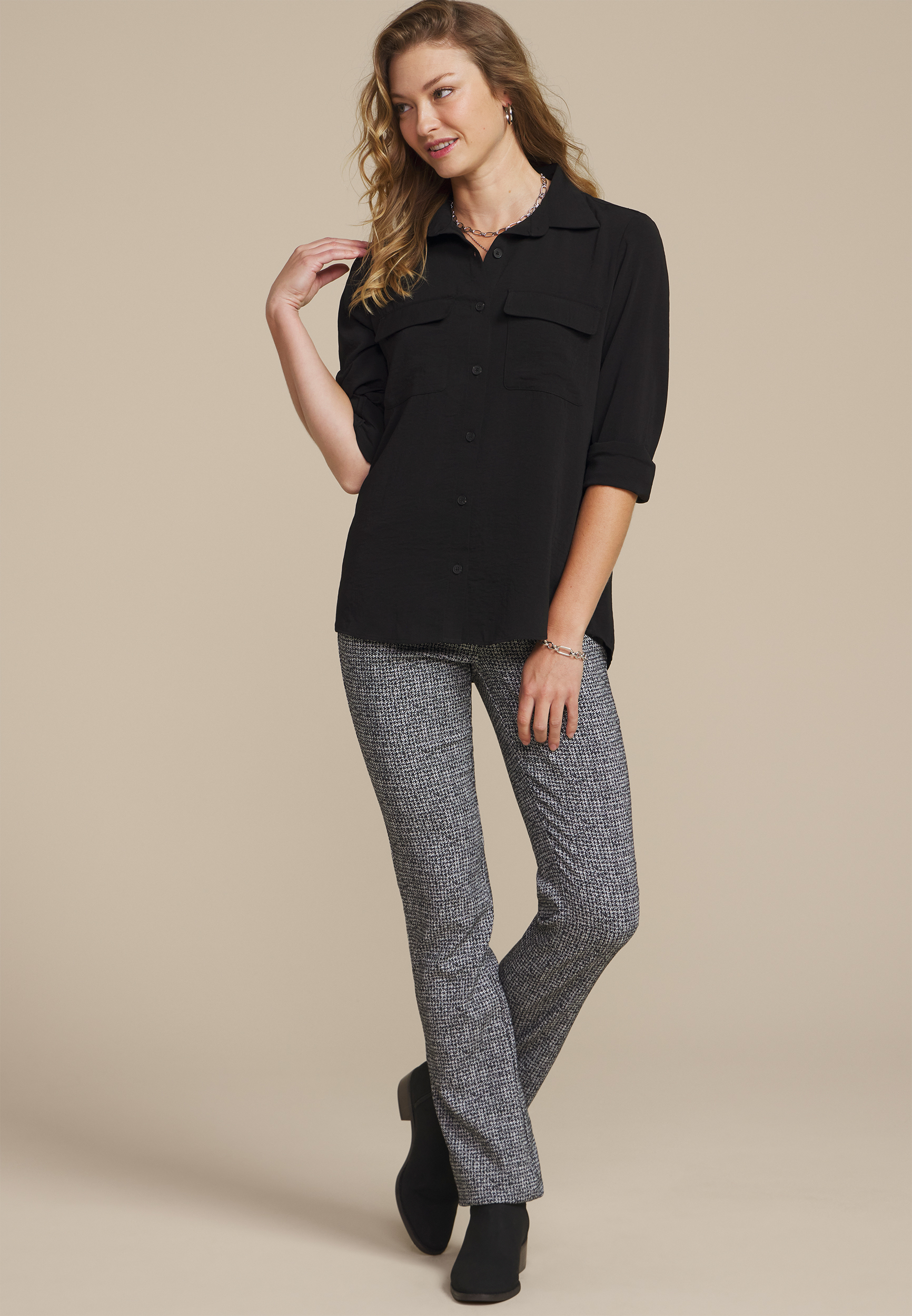 Utility Button Down Shirt, BLACK, large
