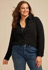 Plus Size Black Utility Button Down Shirt, C106, small