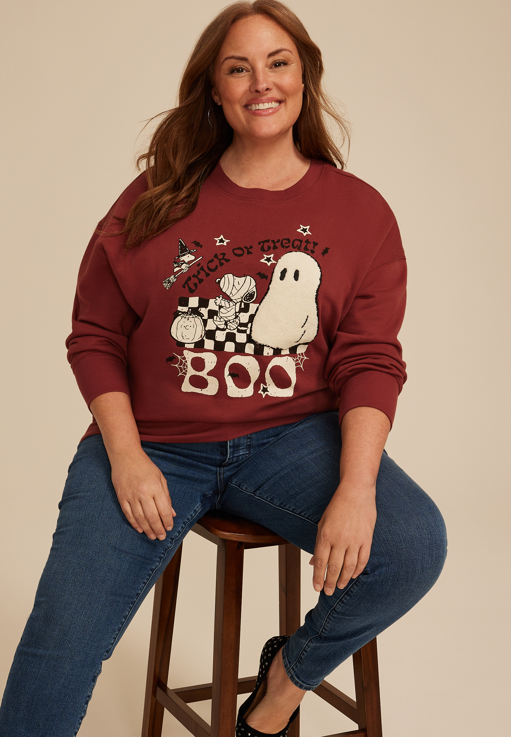Plus Size Snoopy Trick Or Treat Relaxed Fit Sweatshirt, , large