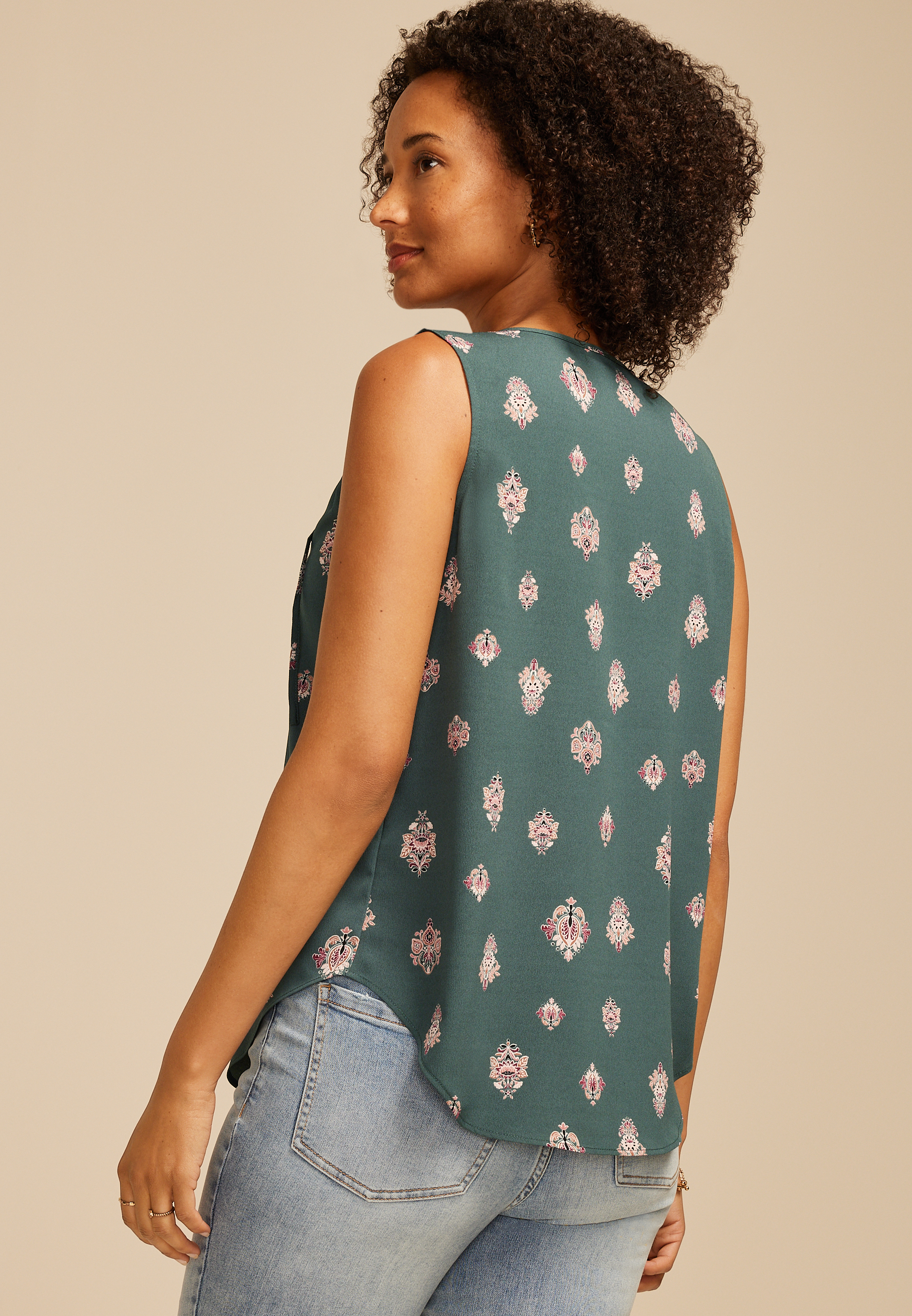 Medallion Print Front Tie Tank Top, C8125, large