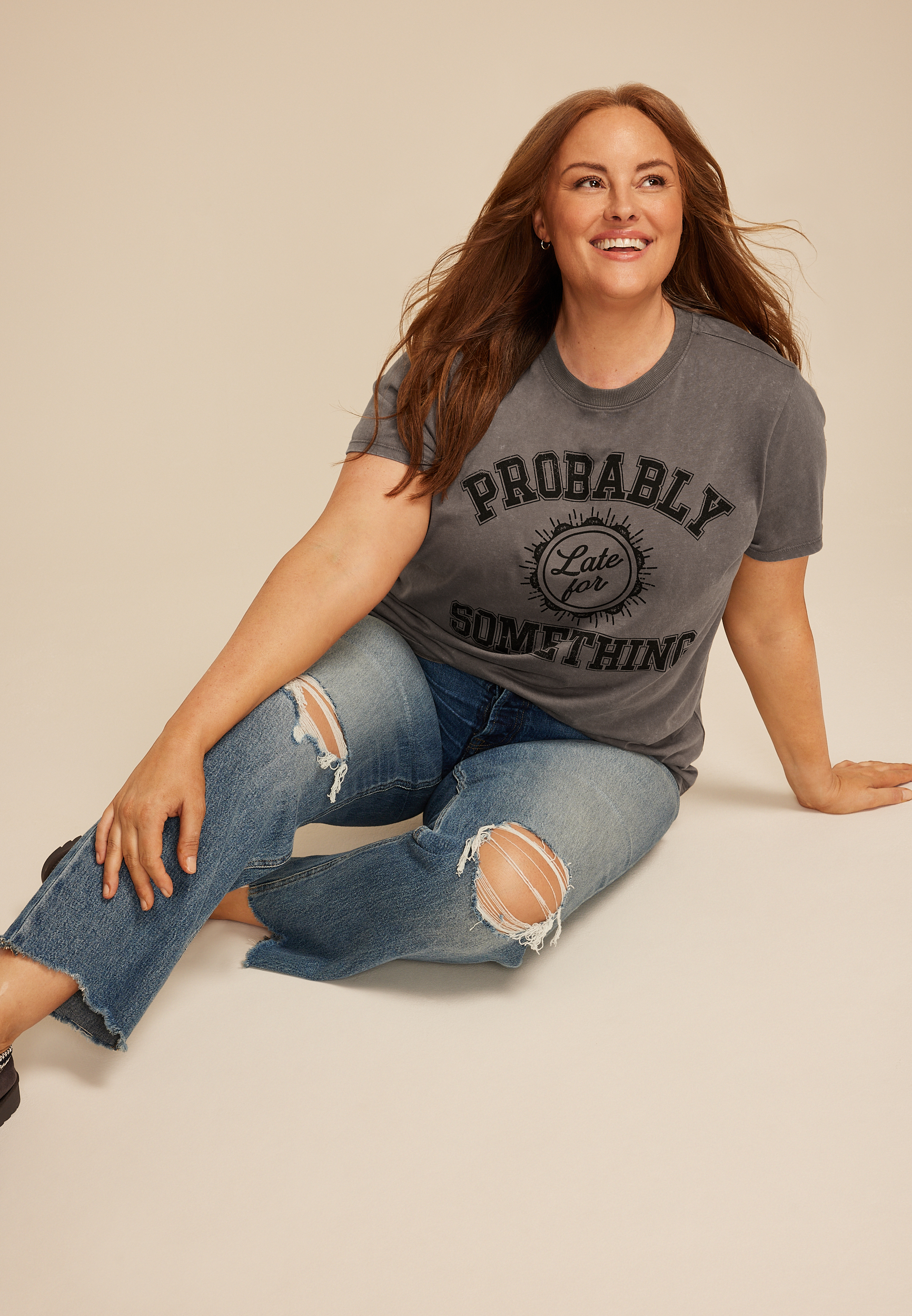 Plus Size Probably Late For Something Oversized Fit Graphic Tee, C829, large