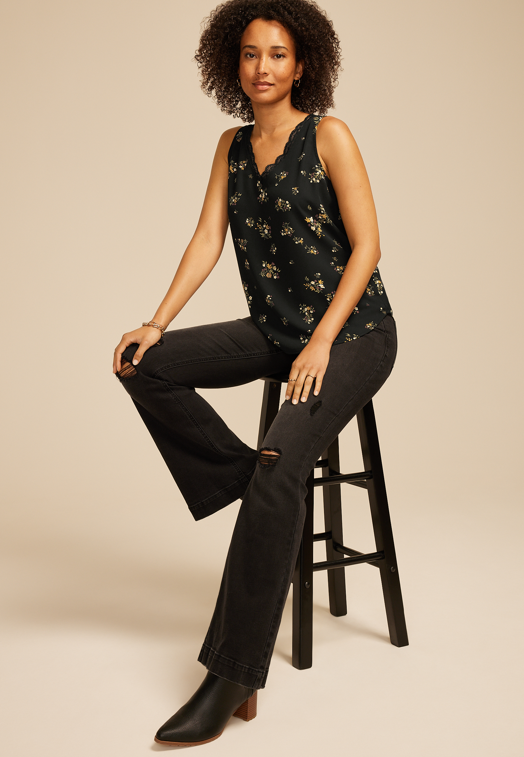 Floral Lace Trim V Neck Tank Top, BLACK COMBO, large