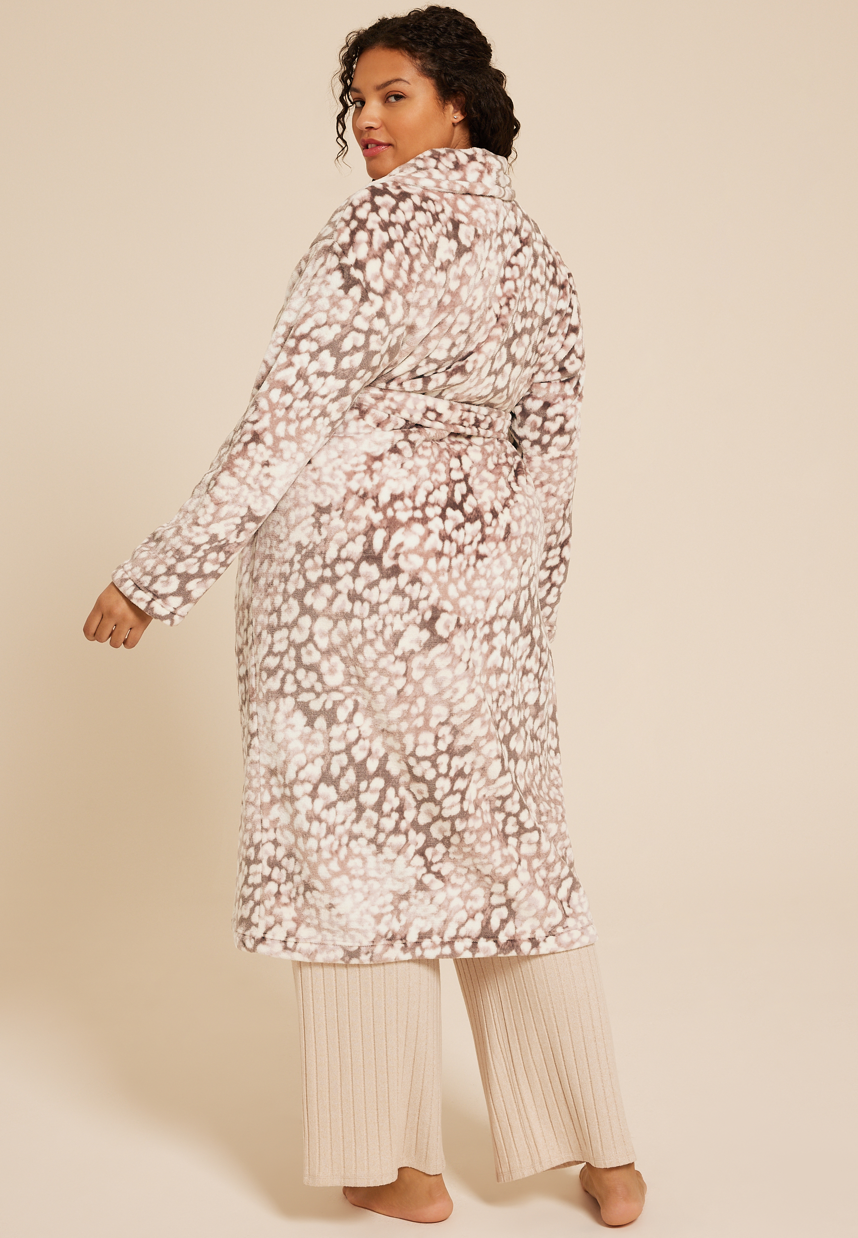 Plus Size Animal Plush Long Robe, FOX TAUPE COMBO, large