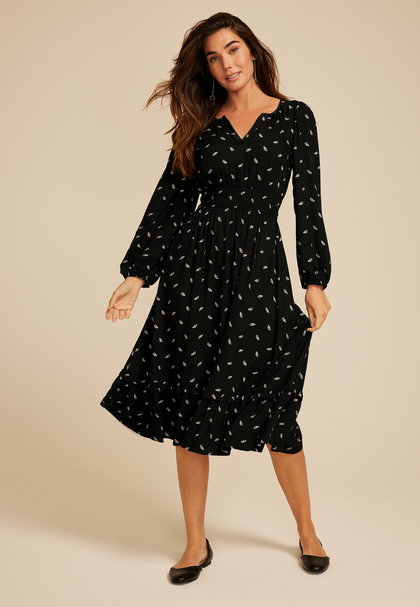 Printed Notch Neck Long Sleeve Midi Dress