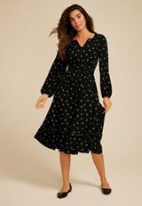 Printed Notch Neck Long Sleeve Midi Dress, BLACK COMBO, small
