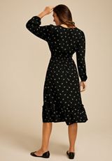 Printed Notch Neck Long Sleeve Midi Dress, BLACK COMBO, small