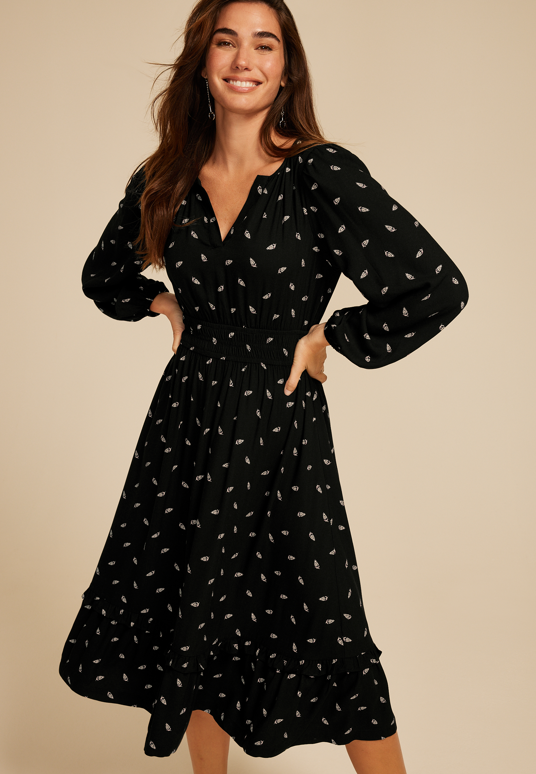 Printed Notch Neck Long Sleeve Midi Dress, BLACK COMBO, large