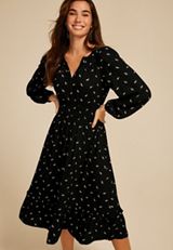 Printed Notch Neck Long Sleeve Midi Dress, BLACK COMBO, small