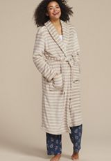 Striped Plush Long Robe, COFFEE CREAMER, small