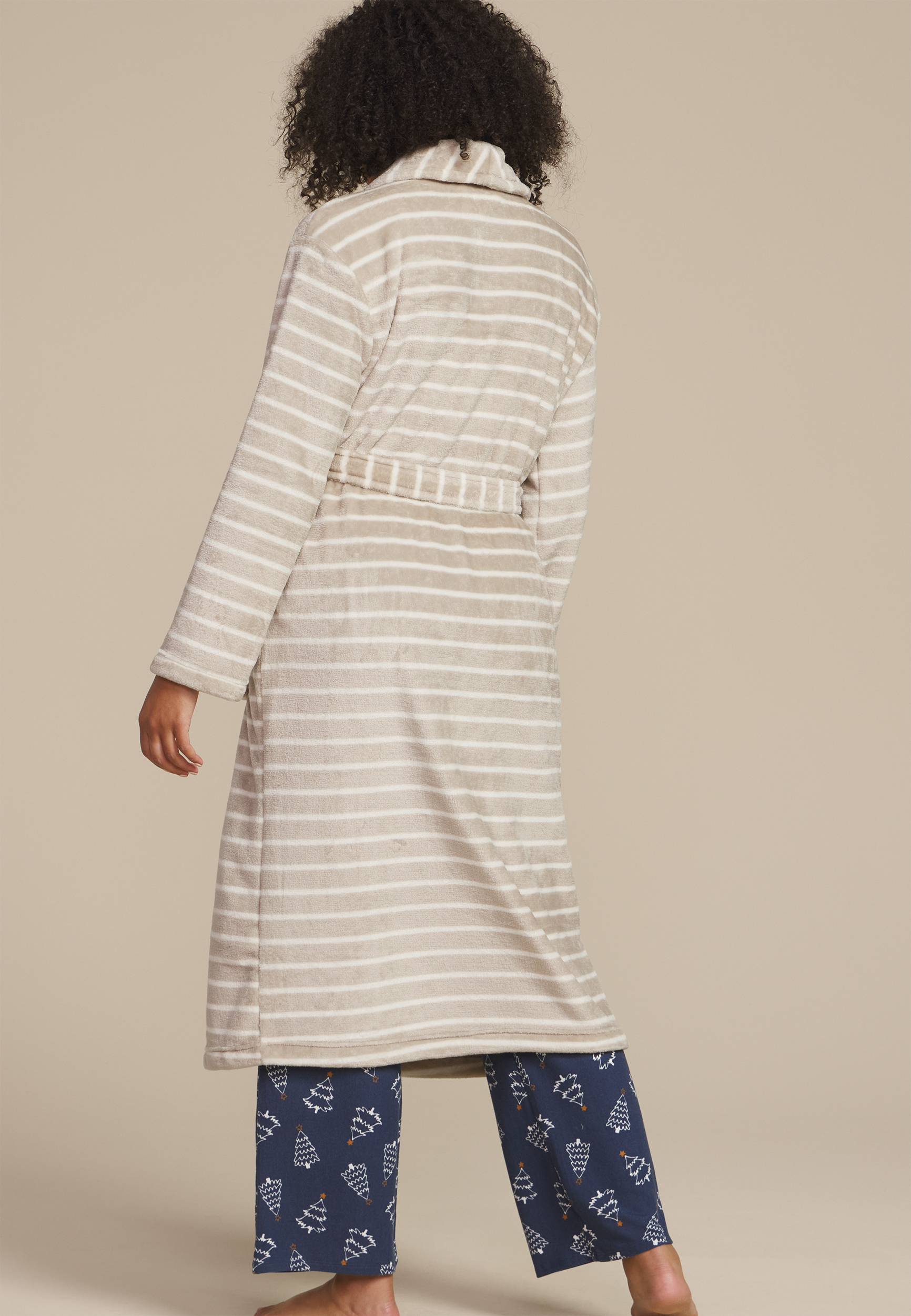 Striped Plush Long Robe, COFFEE CREAMER, large