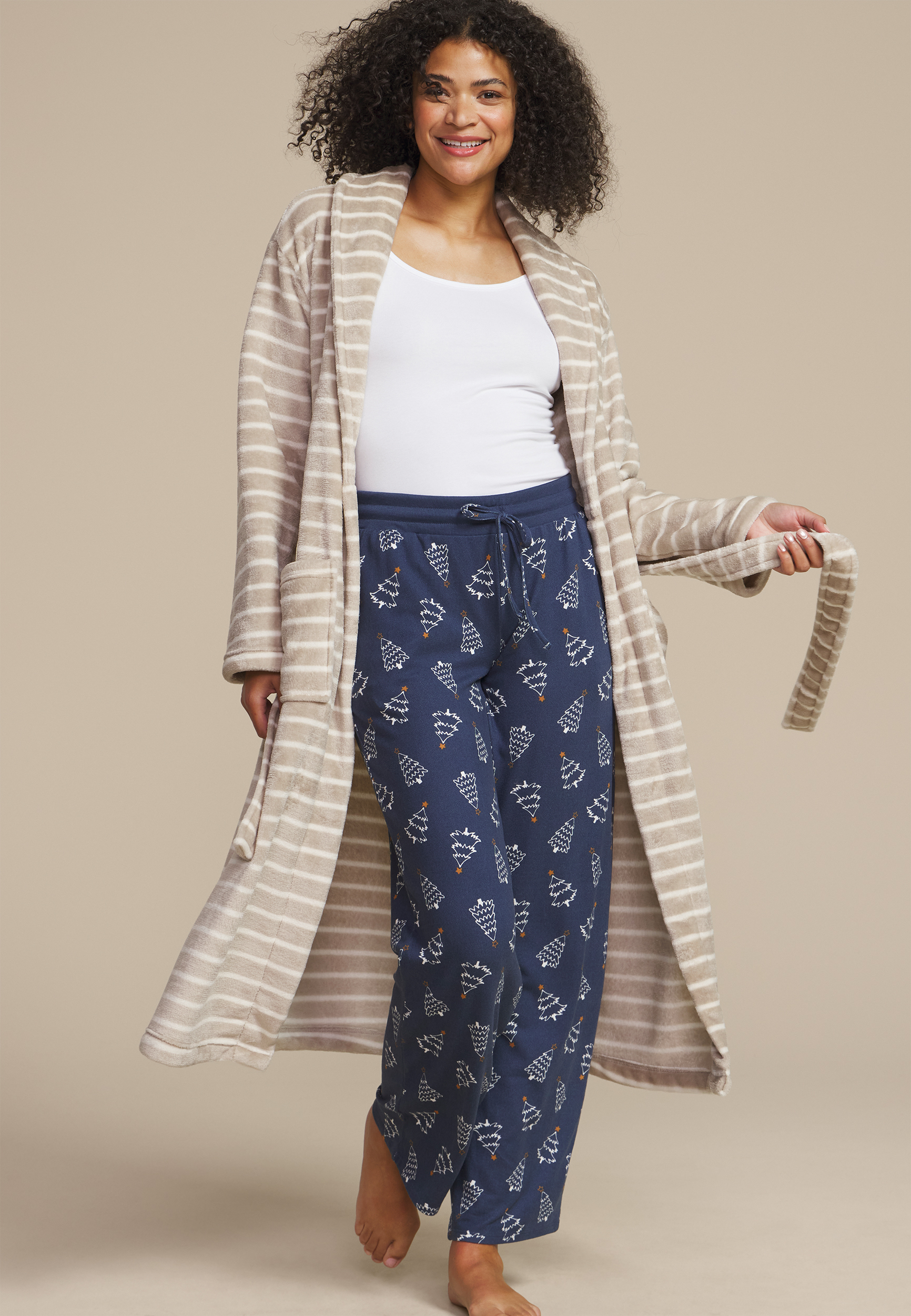 Striped Plush Long Robe, COFFEE CREAMER, large