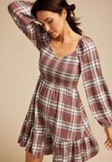Plaid Smocked Mini Dress, PURPLE MOSS COMBO, small