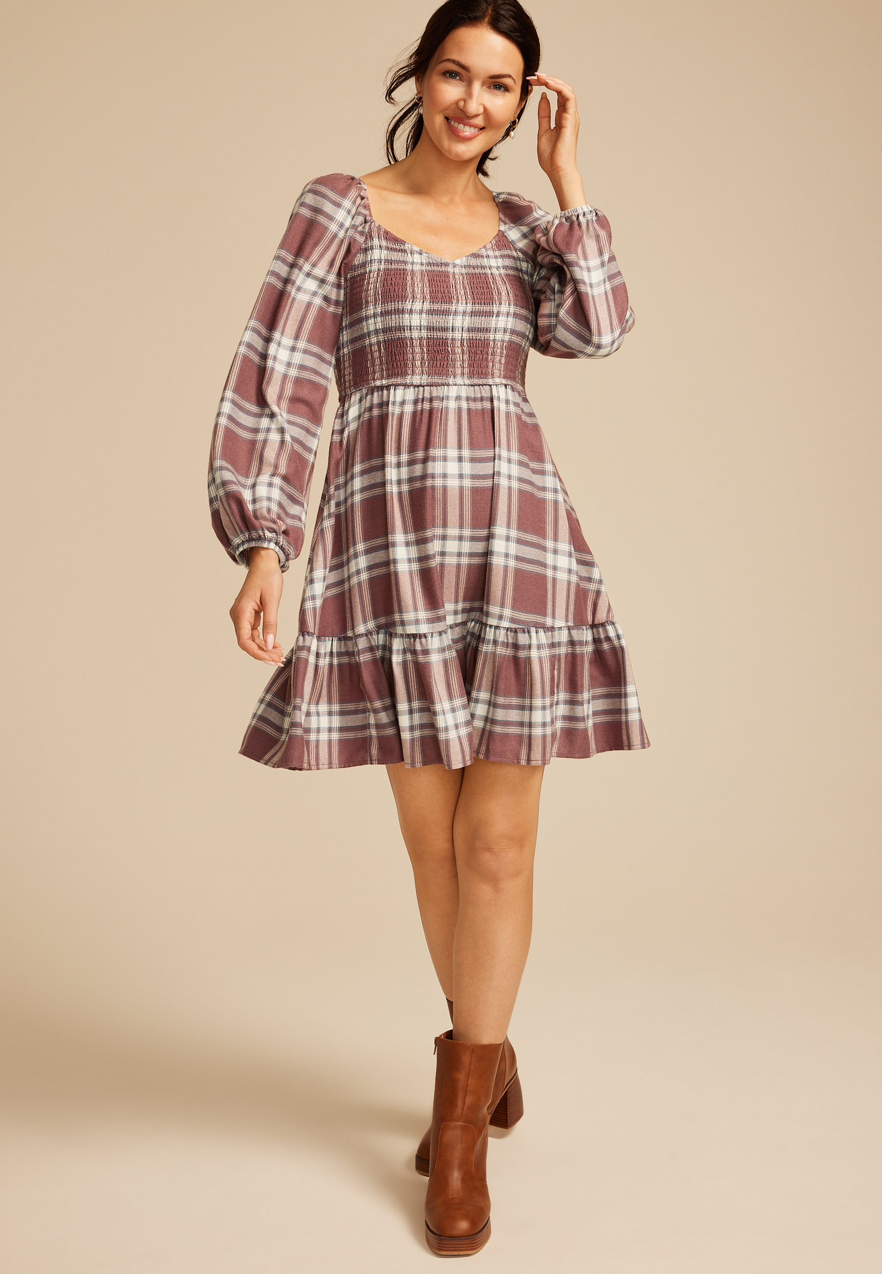 Plaid Smocked Mini Dress, PURPLE MOSS COMBO, large