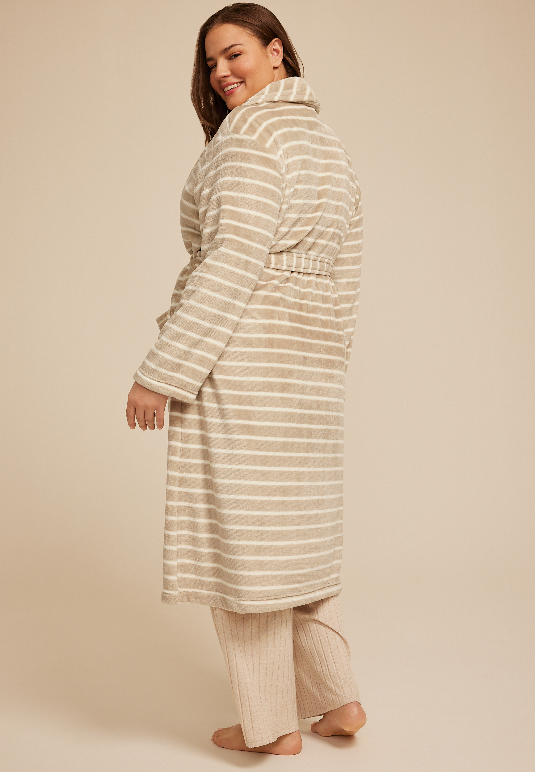 Plus Size Striped Plush Long Robe, C9747, large