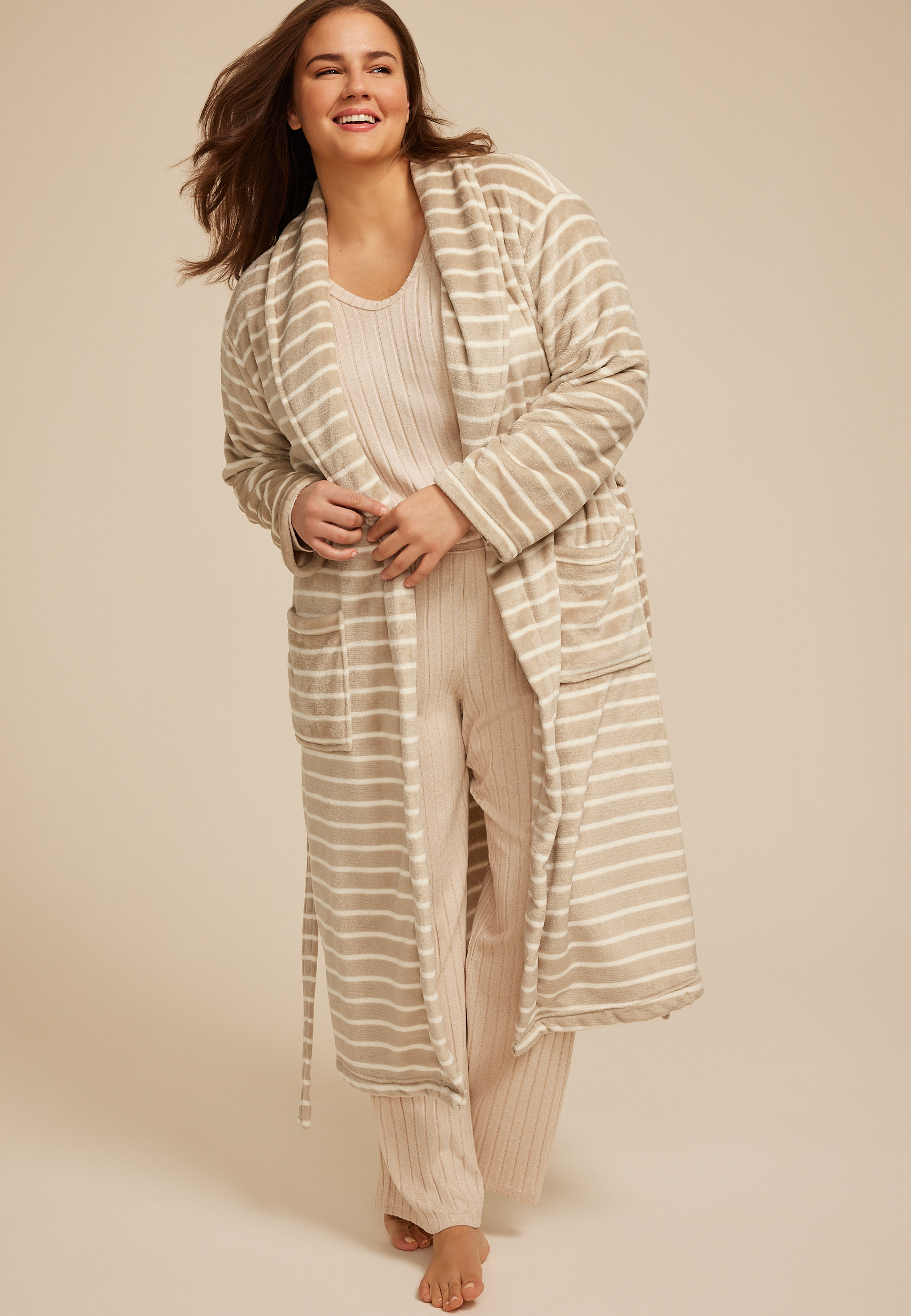 Plus Size Striped Plush Long Robe, C9747, large