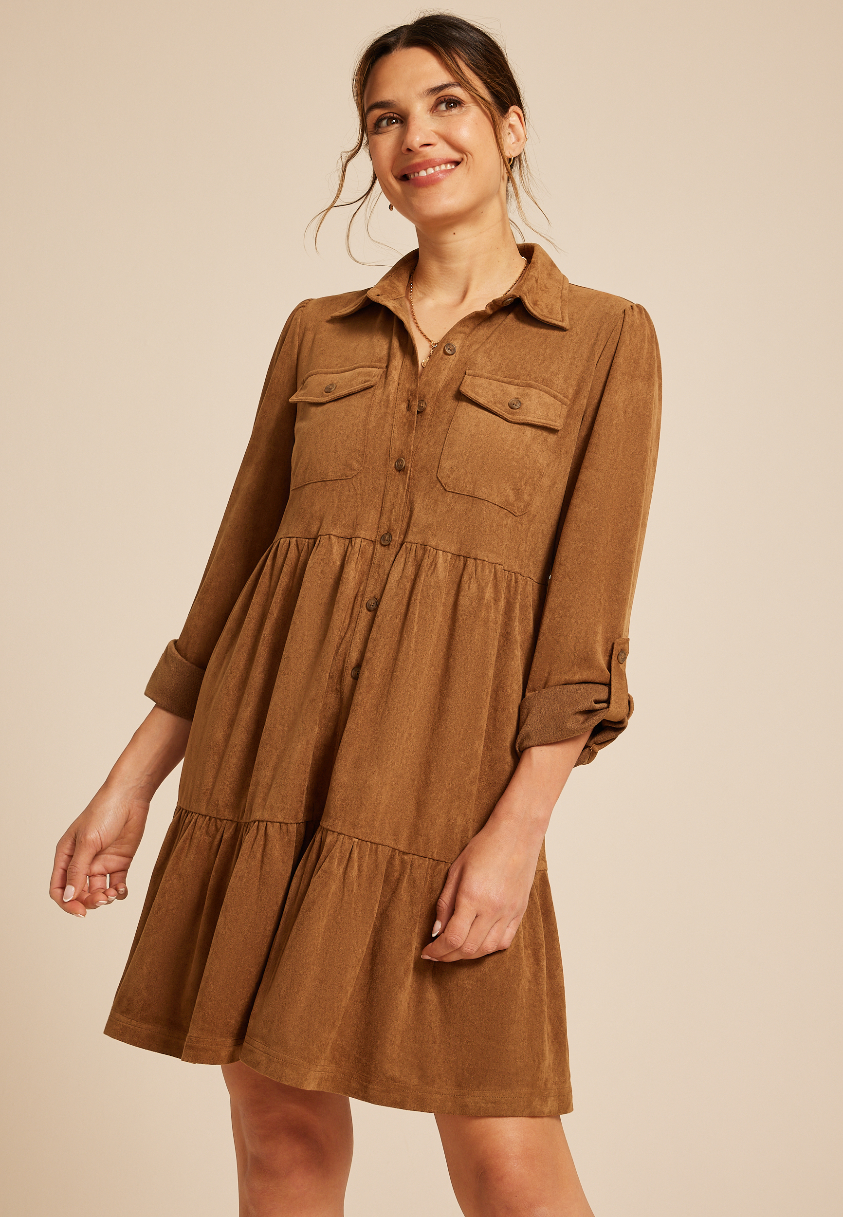 Faux Suede Button Down Babydoll Dress