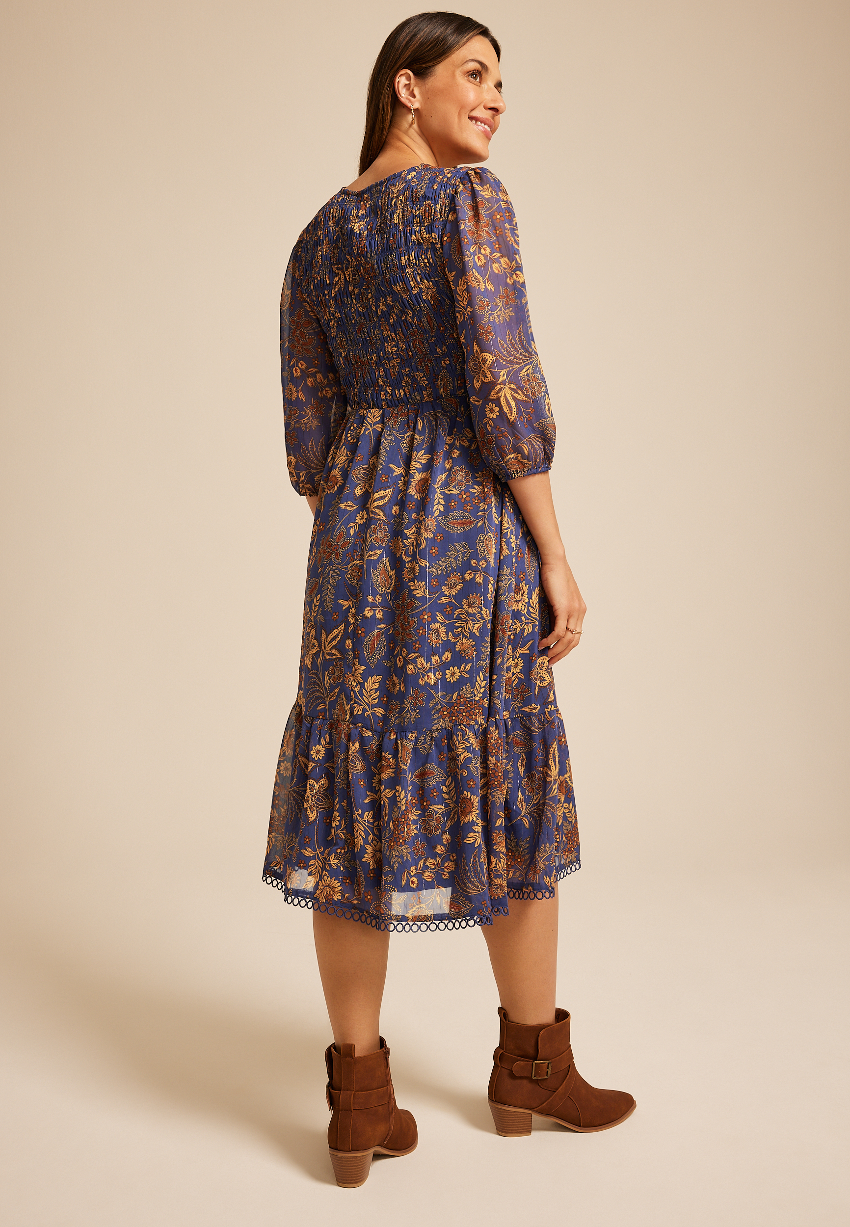 Floral Smocked Midi Dress, WASHED NAVY COMBO, large