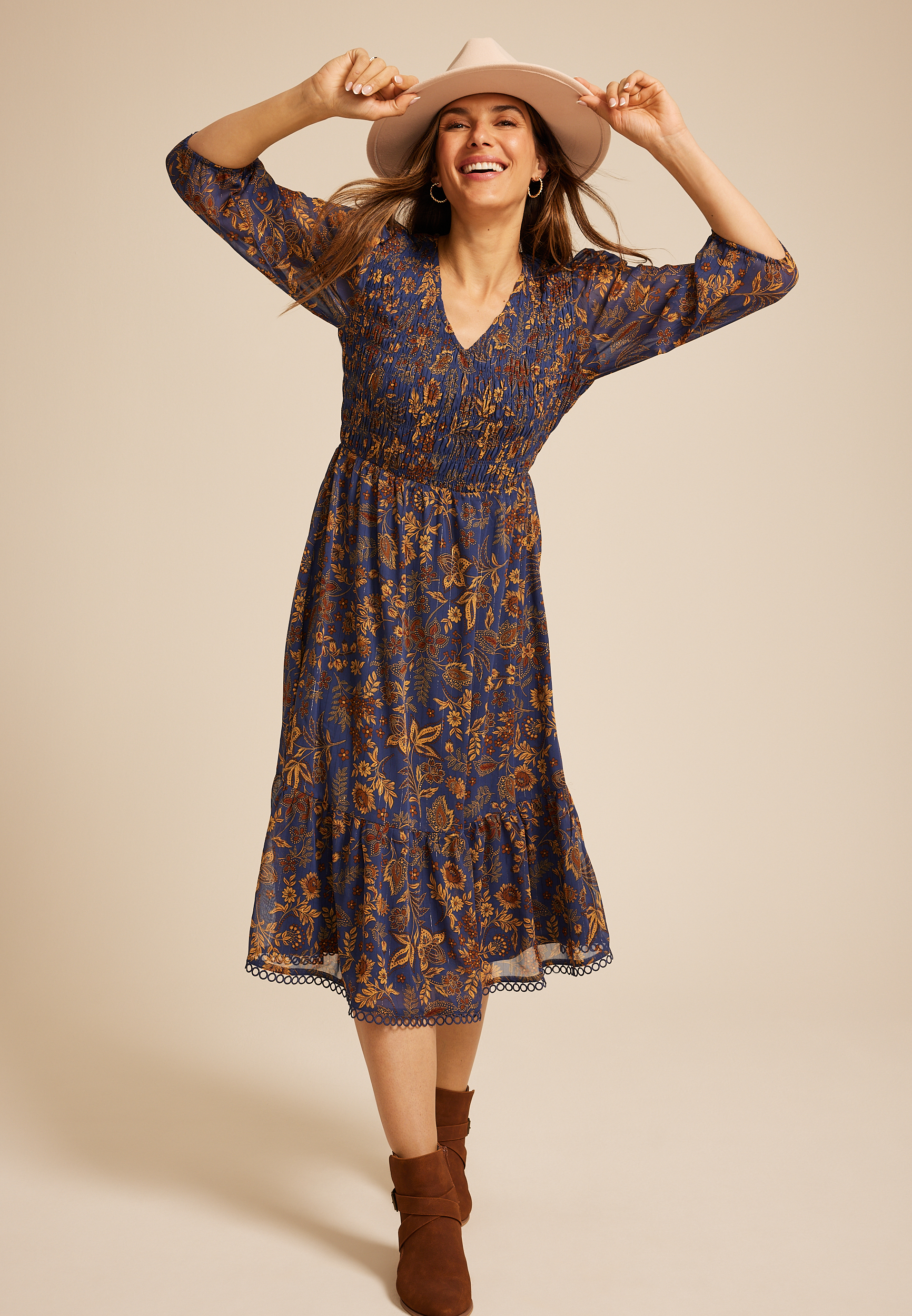 Floral Smocked Midi Dress, WASHED NAVY COMBO, large