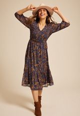 Floral Smocked Midi Dress, WASHED NAVY COMBO, small
