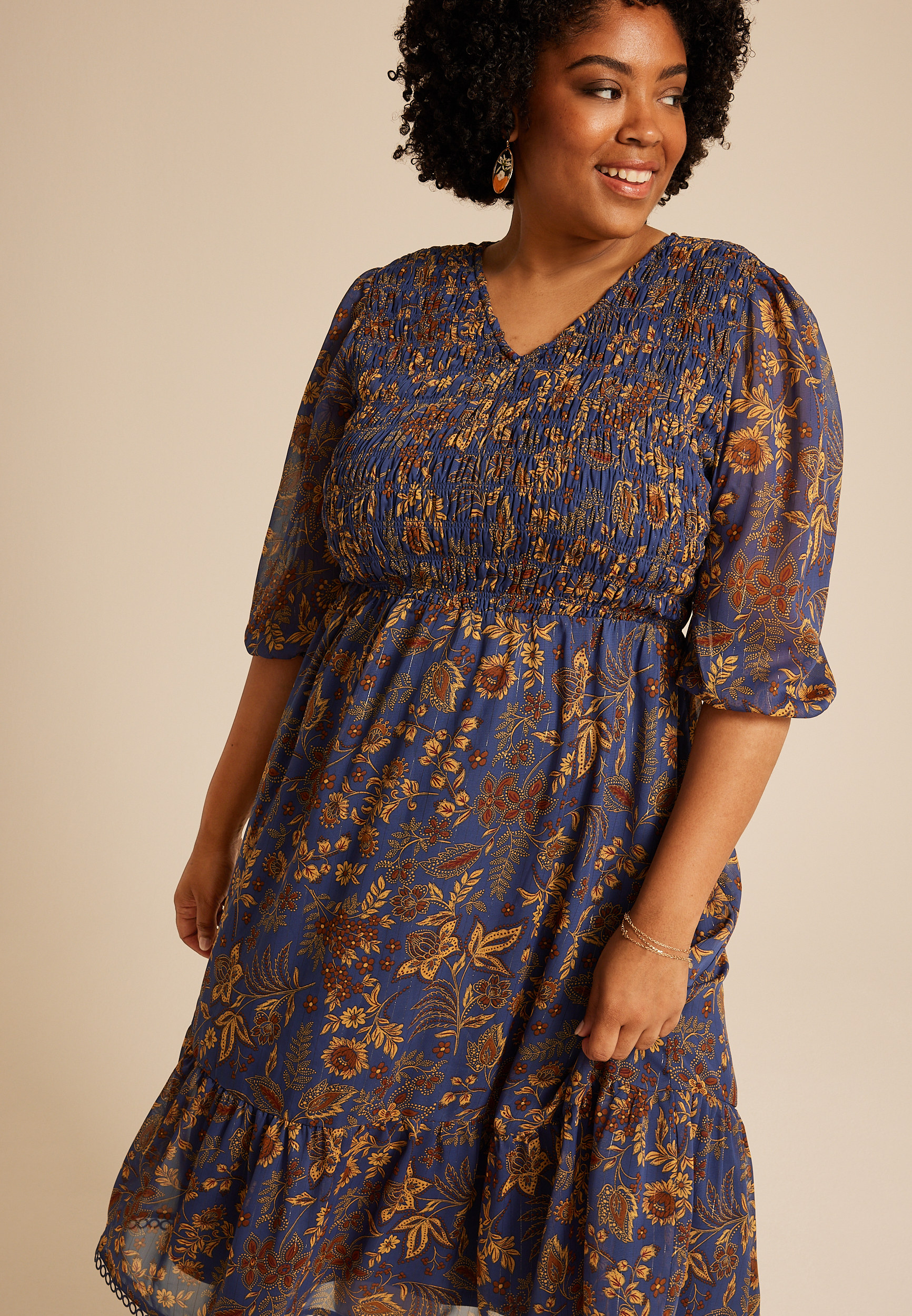 Plus Size Floral Smocked Midi Dress, C4131, large