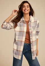 Cabin Plaid Boyfriend Tunic Button Down Shirt, C1755, small
