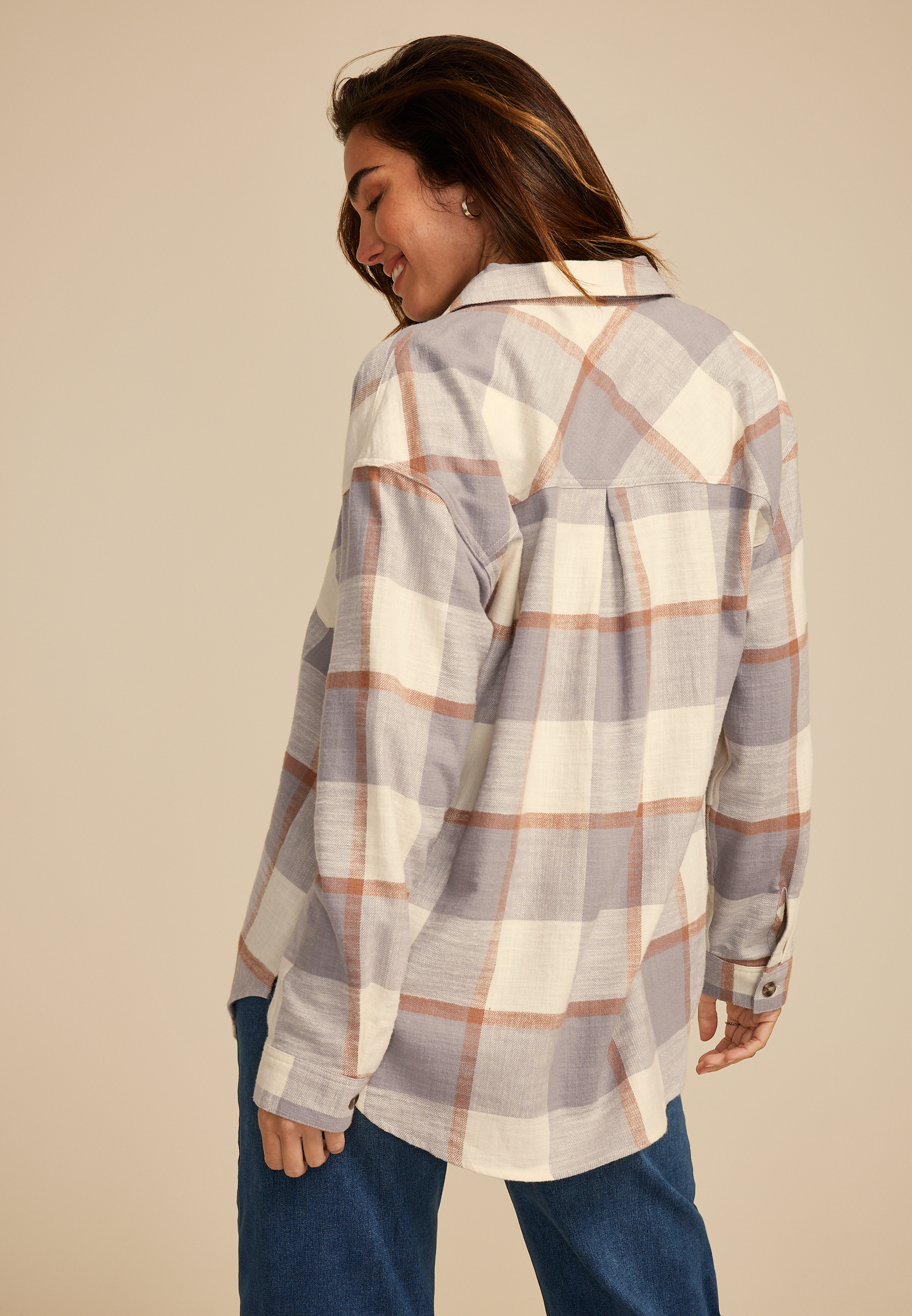 Cabin Plaid Boyfriend Tunic Button Down Shirt, C1755, large