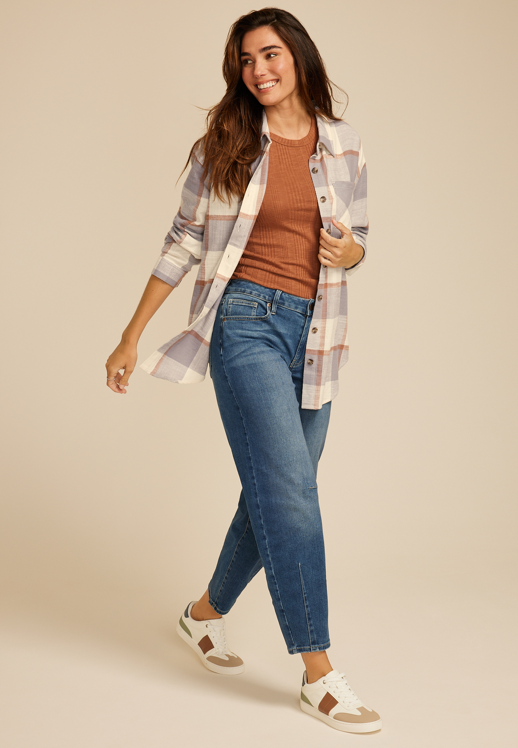 Cabin Plaid Boyfriend Tunic Button Down Shirt, C1755, large