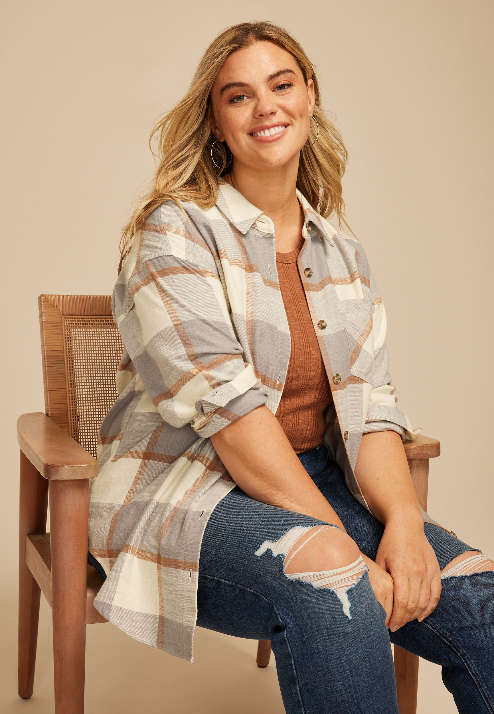 Plus Size Cabin Plaid Boyfriend Tunic Button Down Shirt