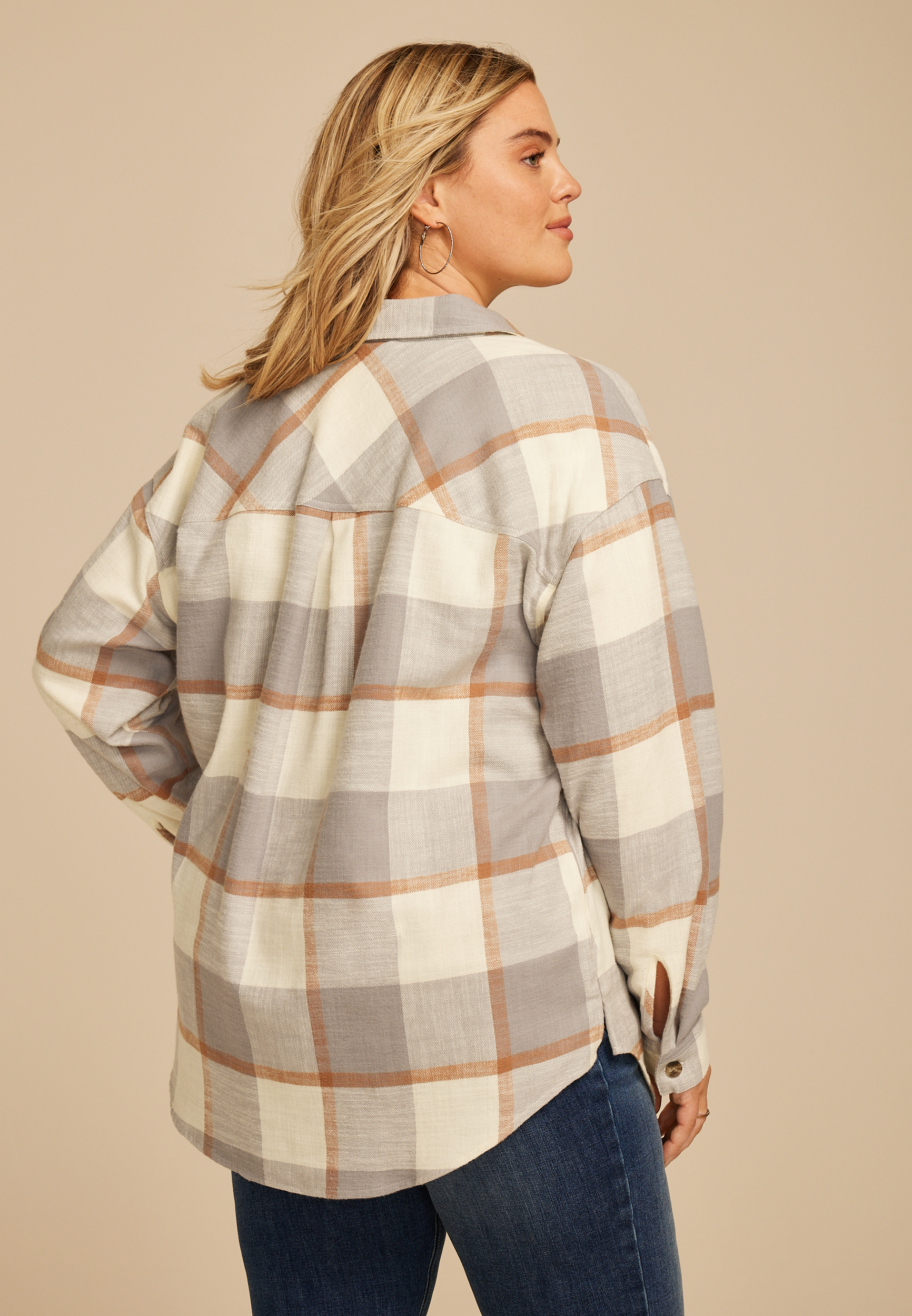 Plus Size Cabin Plaid Boyfriend Tunic Button Down Shirt, C1755, large