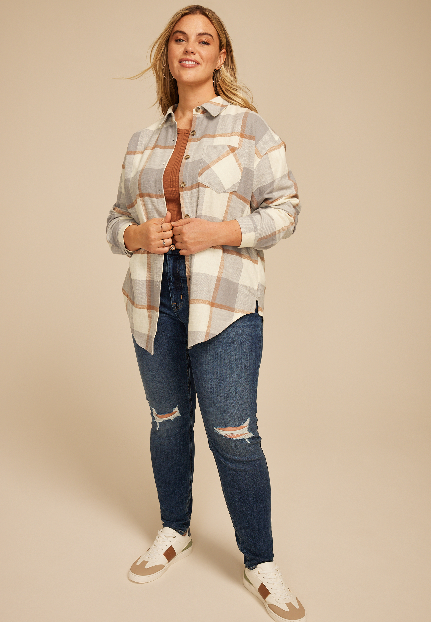 Plus Size Cabin Plaid Boyfriend Tunic Button Down Shirt, C1755, large