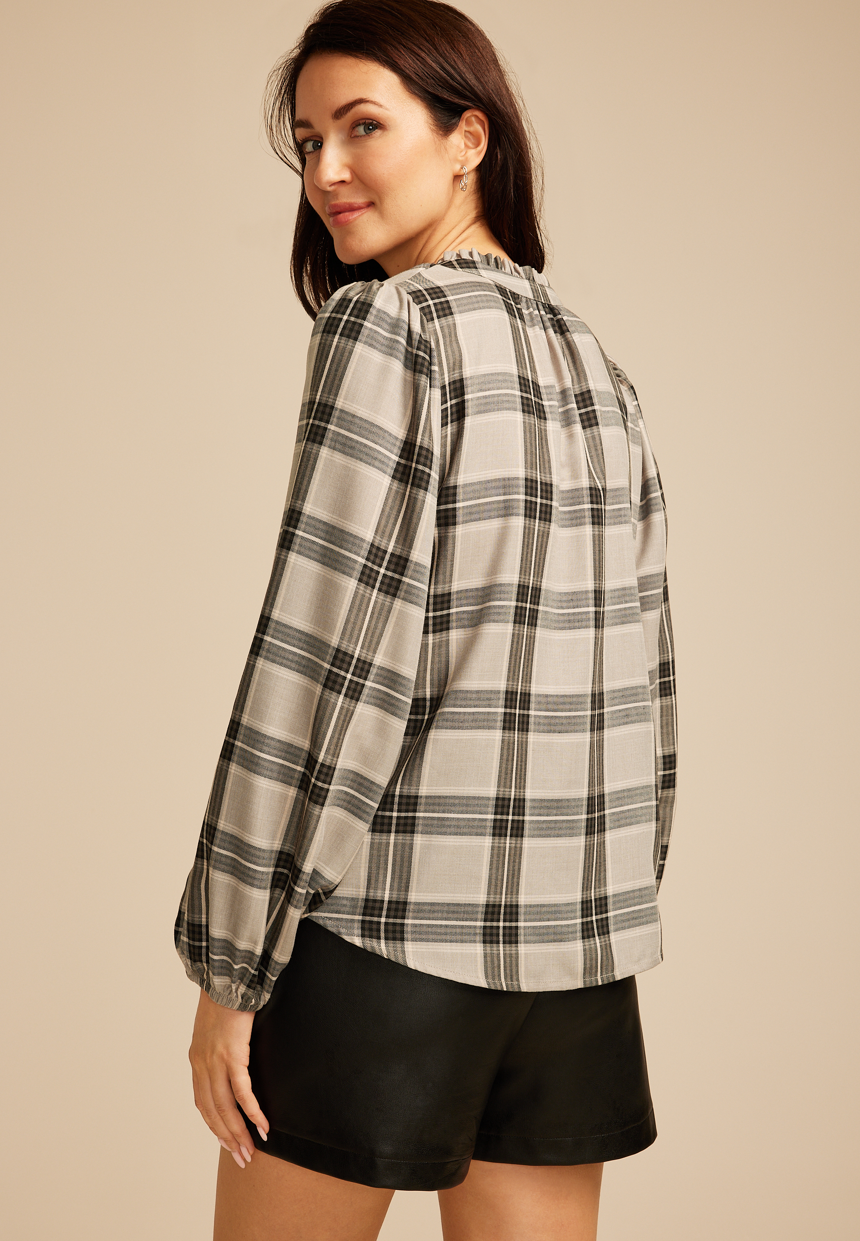 Plaid V Neck Blouse, C1755, large