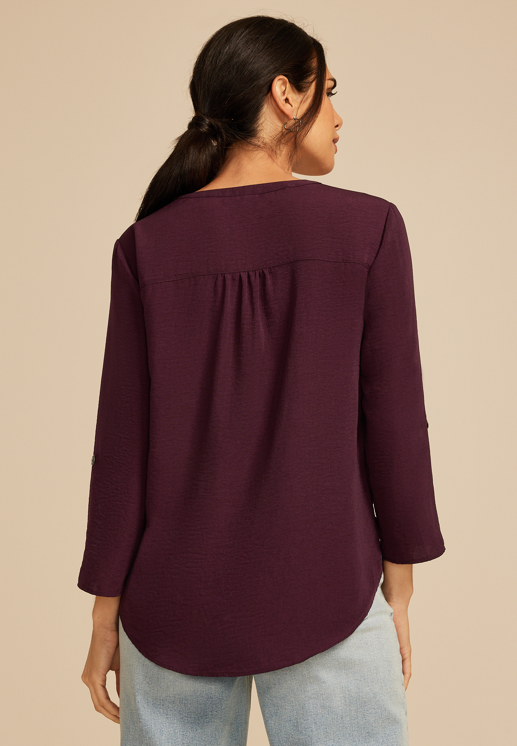 Atwood 3/4 Sleeve Popover Blouse, BORDEAUX WINE, large