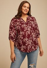 Plus Size Atwood Floral 3/4 Sleeve Popover Blouse, TAWNY PORT COMBO, small
