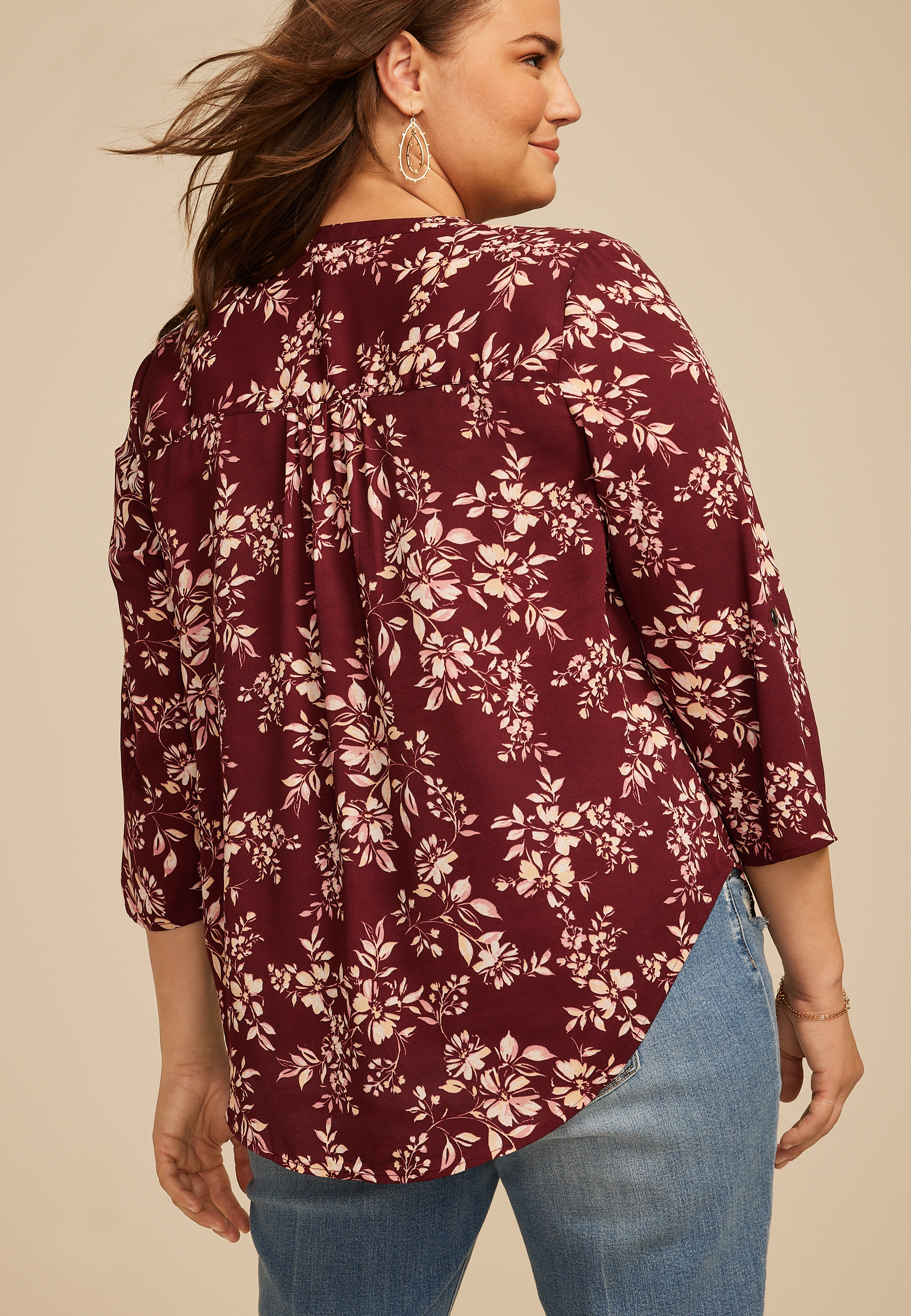 Plus Size Atwood Floral 3/4 Sleeve Popover Blouse, TAWNY PORT COMBO, large