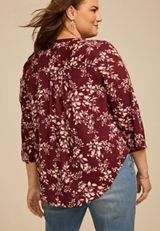 Plus Size Atwood Floral 3/4 Sleeve Popover Blouse, TAWNY PORT COMBO, small