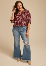 Plus Size Atwood Floral 3/4 Sleeve Popover Blouse, TAWNY PORT COMBO, small
