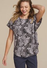 Delton Floral Lace Print Zipper Back Blouse, GRAY COMBO, small