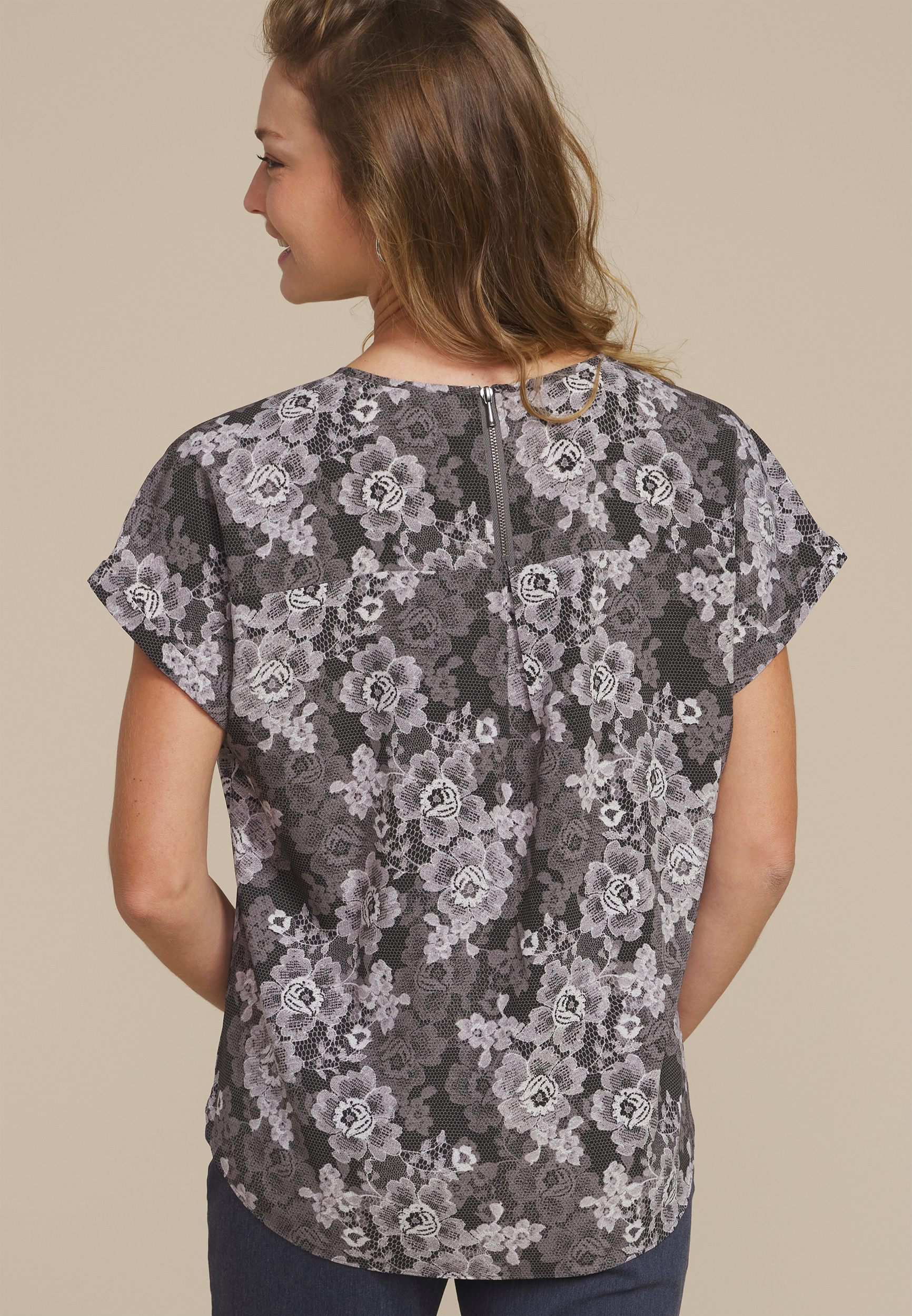 Delton Floral Lace Print Zipper Back Blouse, GRAY COMBO, large