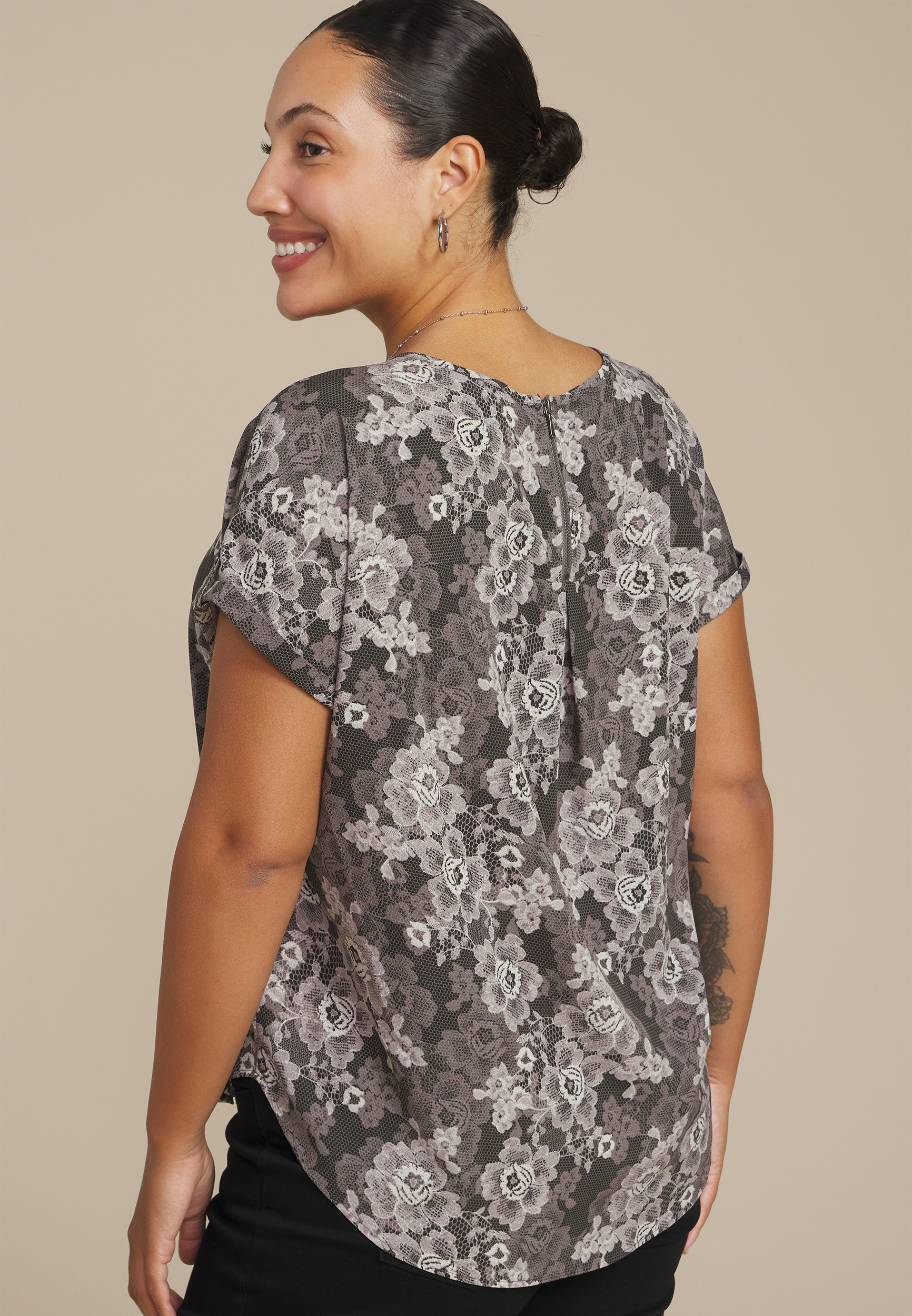 Plus Size Delton Floral Lace Print Zipper Back Blouse, C1755, large